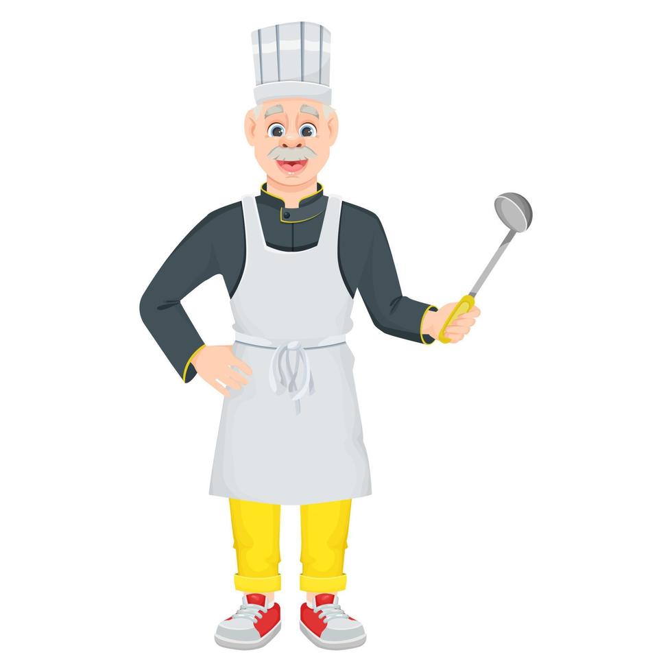 A cartoon cheerful male chef holds a ladle. Smiling old chef highlighted on a white background. Vector illustration for menus, games or banners.