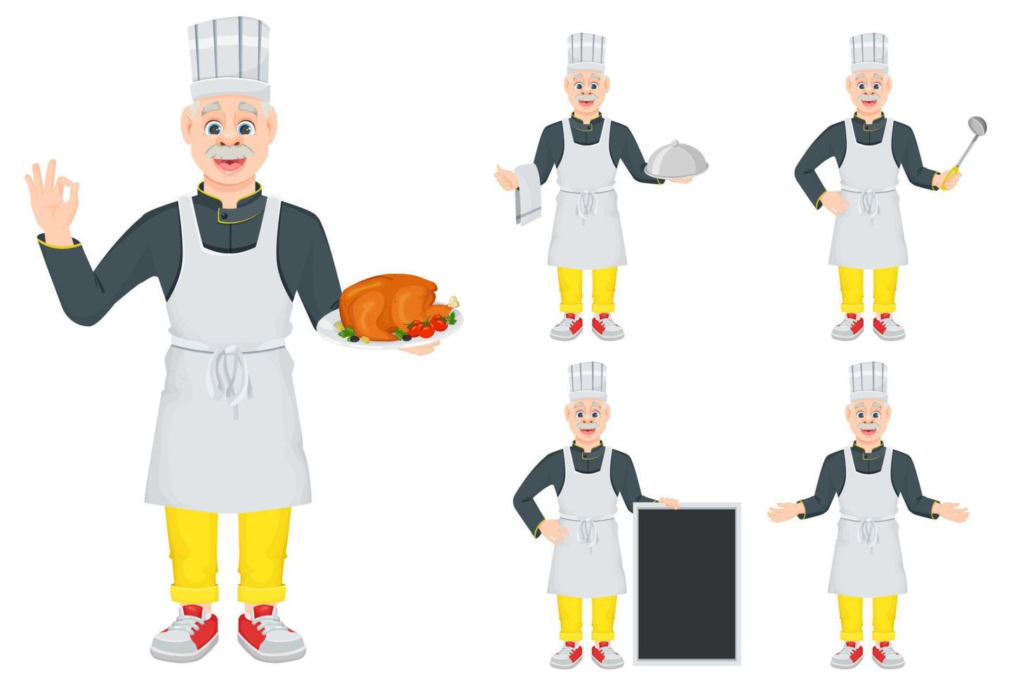 un conjunto de chef de hombre divertido de dibujos animados que tiene varios artículos en la mano. viejo chef sonriente, resaltado en un fondo blanco. ilustración vectorial para menús, juegos o pancartas. vector