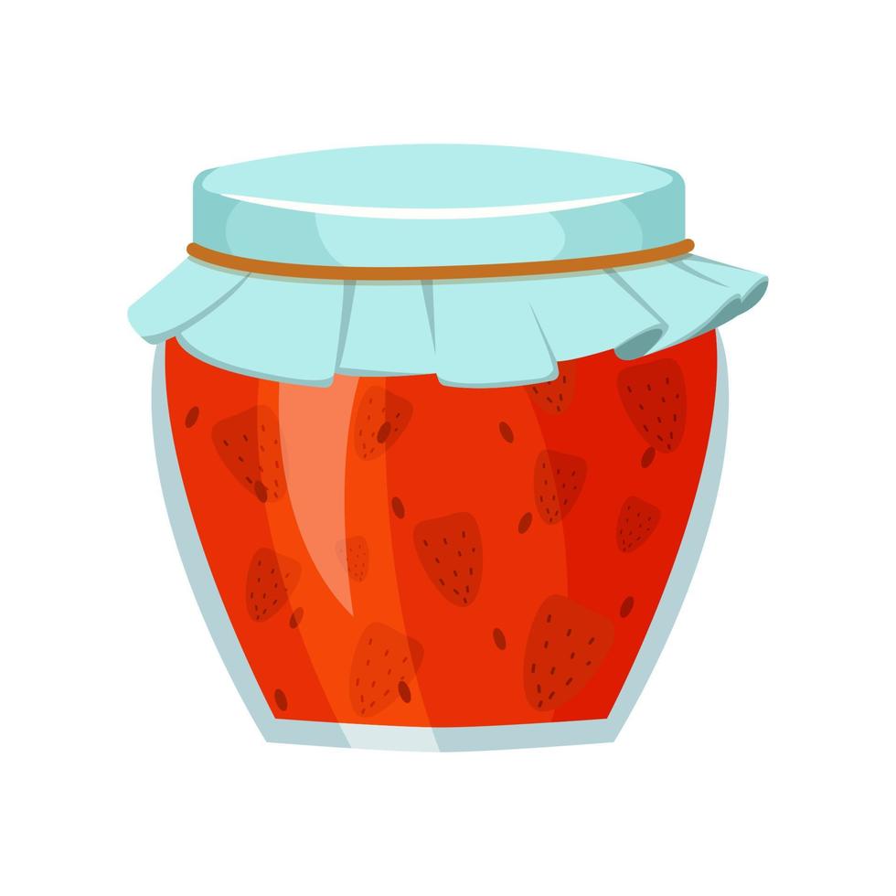 Cartoon glass jar with strawberry jam. Vector illustration isolated on a white background.