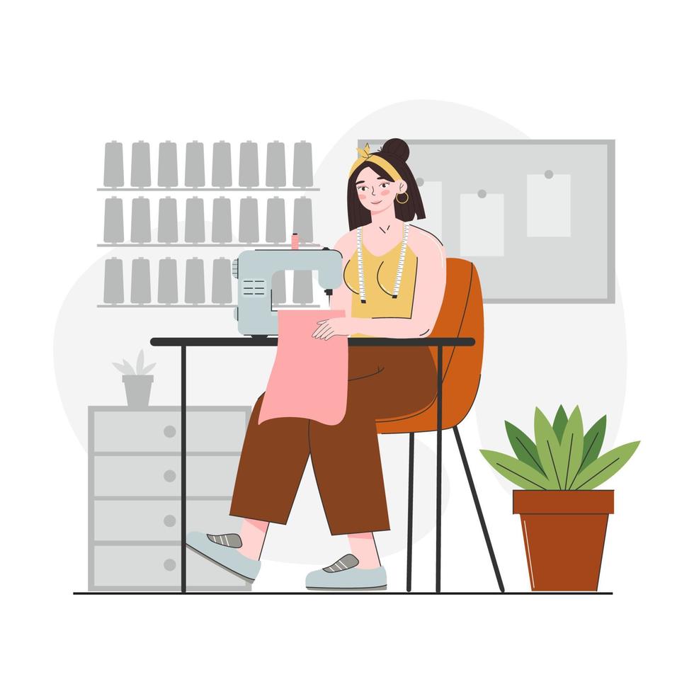 Young woman working on sewing machine. Workplace of seamstress. Fashion designer, dressmaker. Needlework, hobbies, home leisure. Vector illustration isolated on a white background