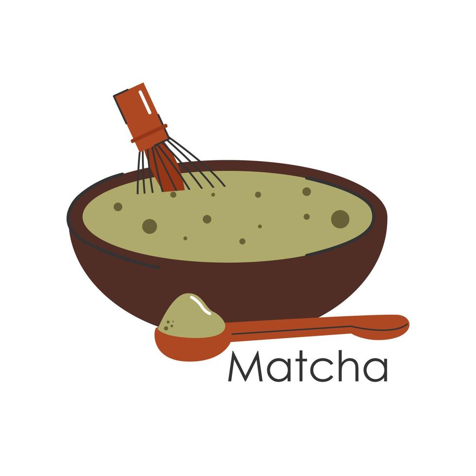 Matcha green tea. Japanese tea culture. Matcha latte is a healthy drink.Logo for matcha tea. Hand-drawn vector color fashion illustration.