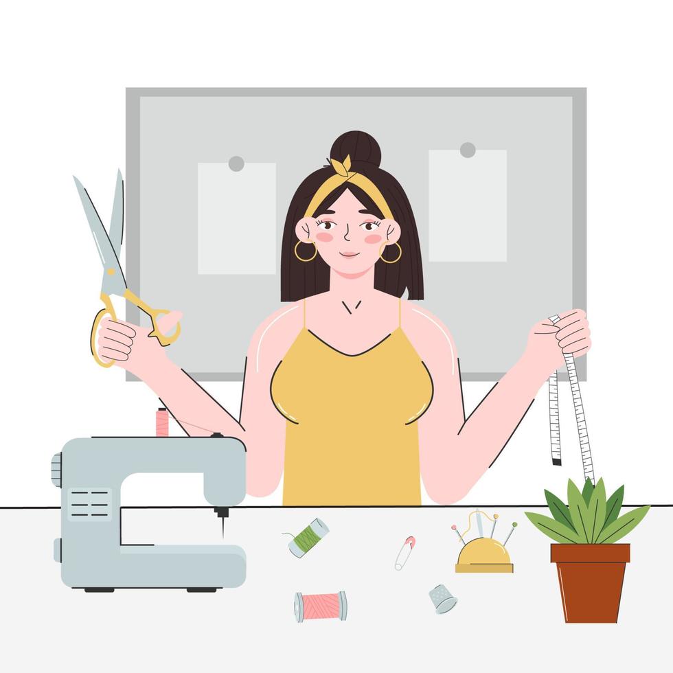 A young woman holds a pair of tailor scissors and a centimeter. A seamstress's workplace. Fashion designer, dressmaker. Needlework, hobbies, home leisure. Vector illustration isolated on a white backg