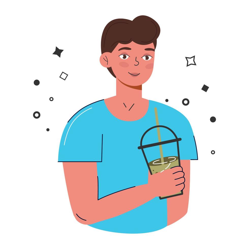 Matcha green tea is served and drunk by a young man. Japanese tea culture. Matcha latte is a healthy drink. Big set of various matcha tea products.  Hand-drawn vector color fashion illustration.