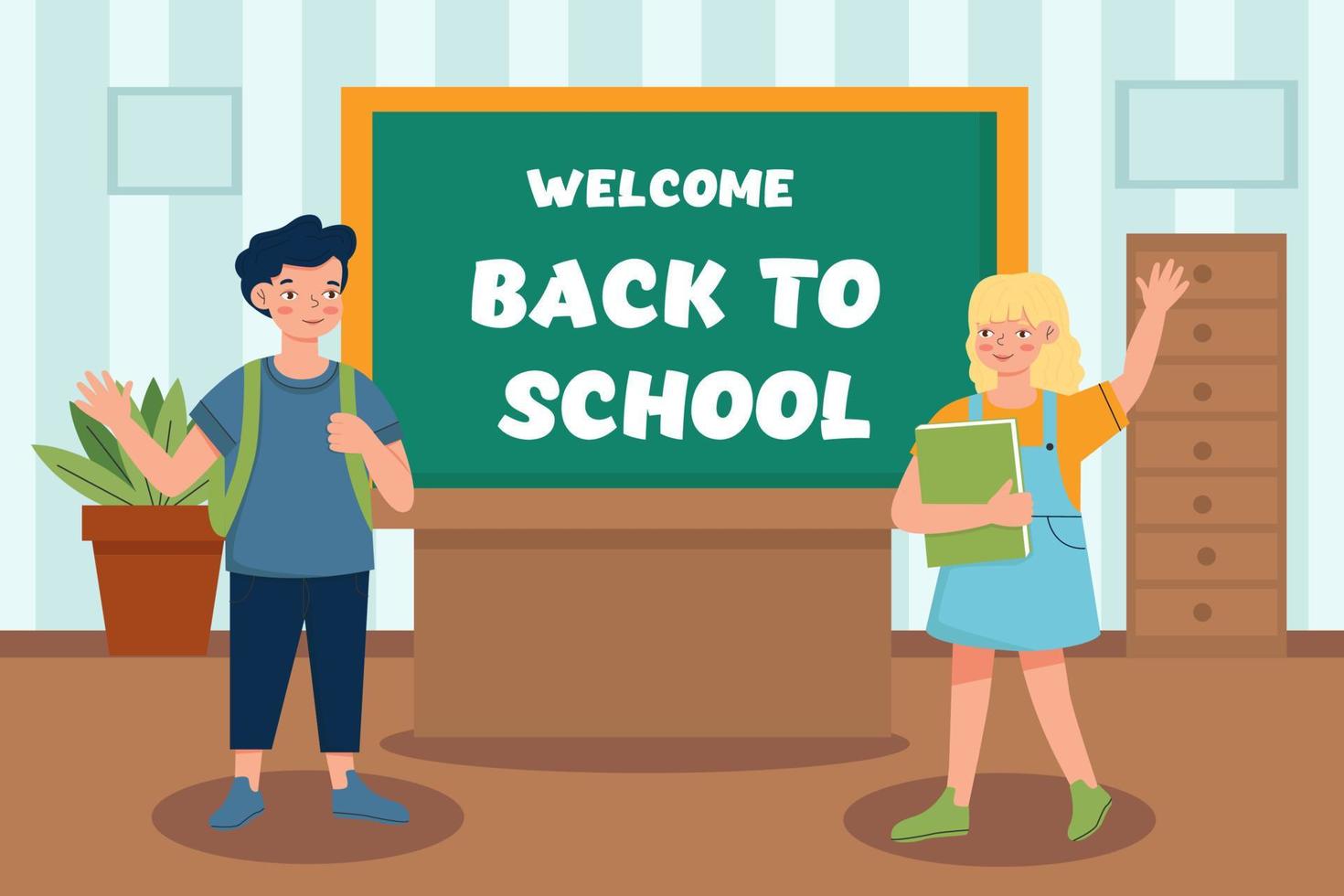 Happy kids in the classroom with the board, back to the school concept, cute characters. Vector illustration in a flat style in the theme of the school.