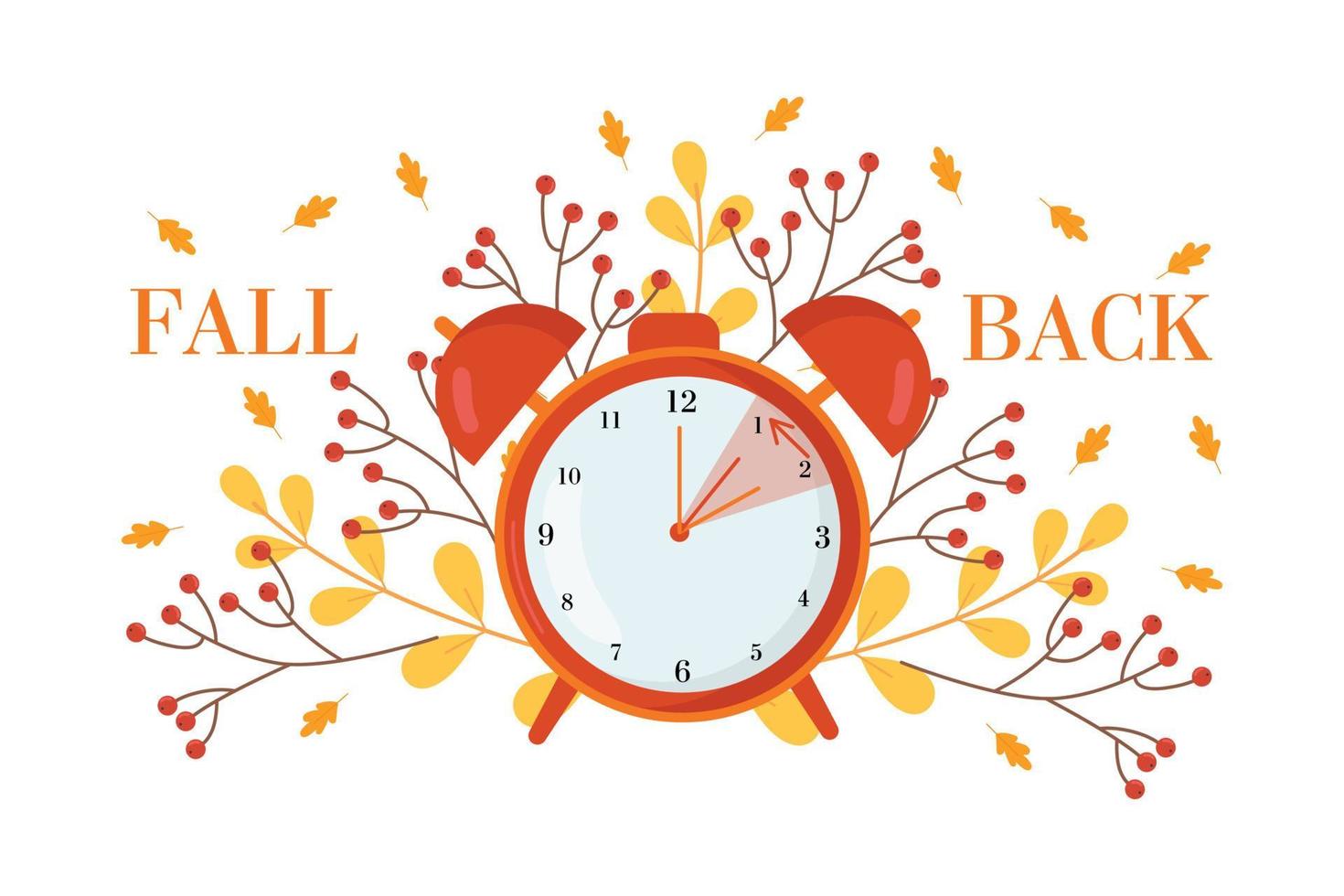 Daylight saving time concept.Alarm clock  on the autumn leaves  background. The reminder text - set clock back one hour. Vector illustration