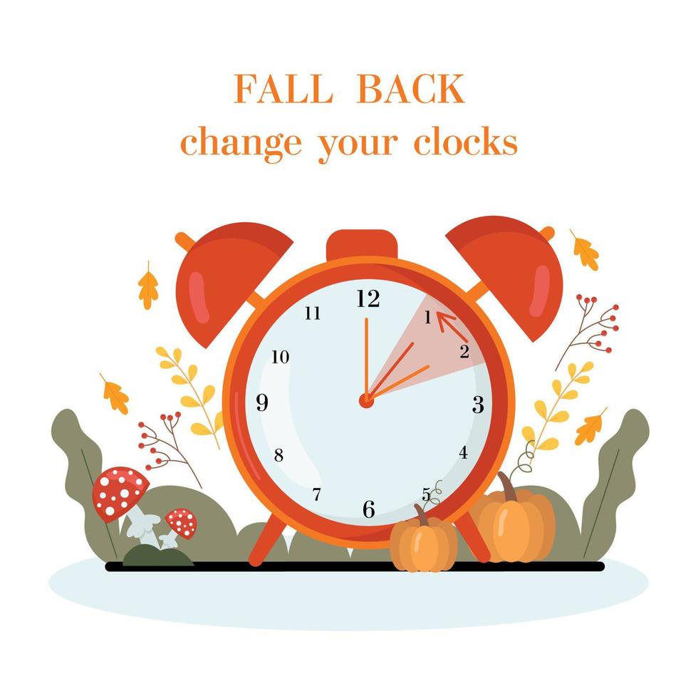 concepto de horario de verano. reloj despertador en el fondo de hojas y calabazas de otoño. el texto de recordatorio: atrasa el reloj una hora. ilustración vectorial vector