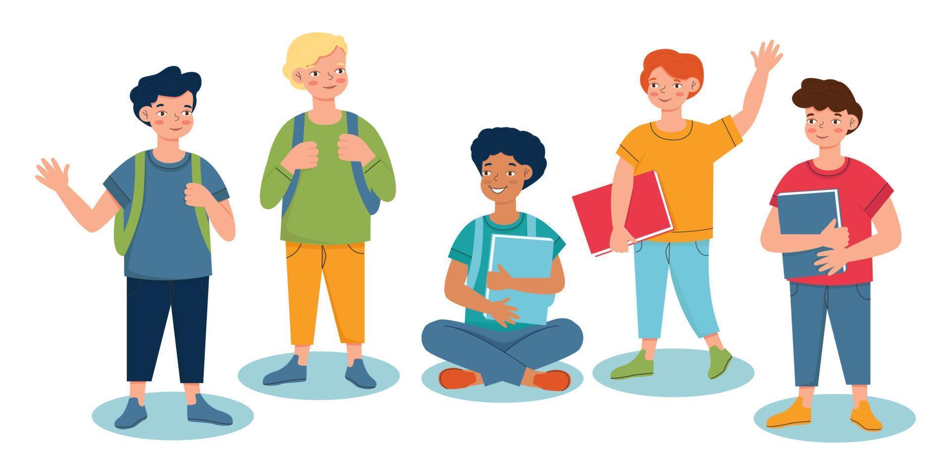 The boys are going back to school.A set of schoolchildren in the concept of education, isolated on a white background, vector illustration Back to school