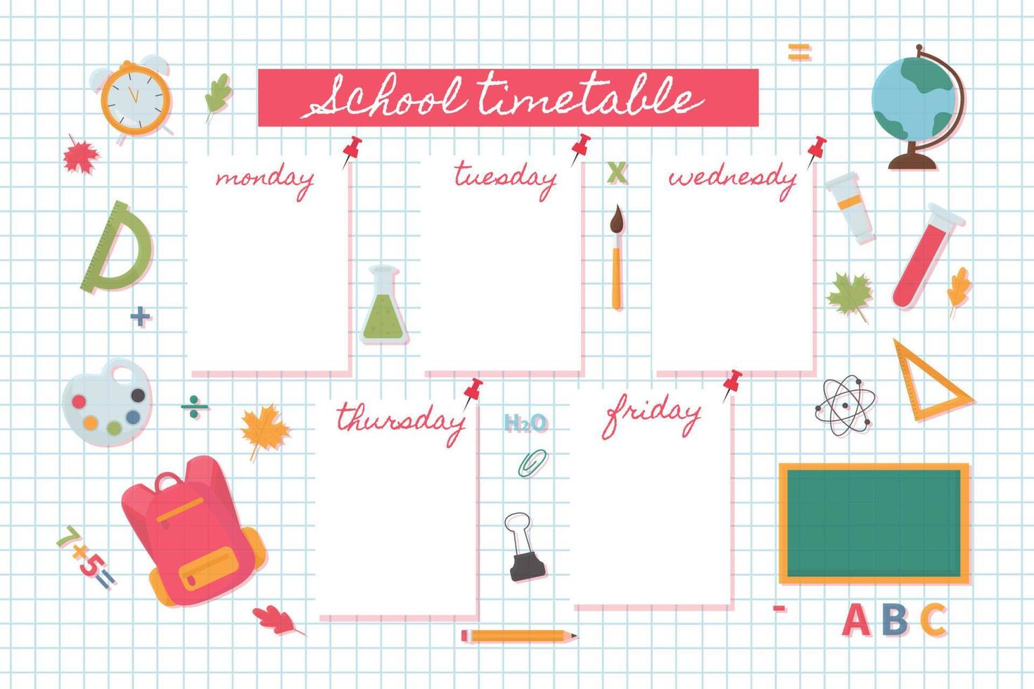 Back to the school schedule template vector. Various school supplies line, globe, pencil, paperclip, backpack. Bright background for the school schedule. vector