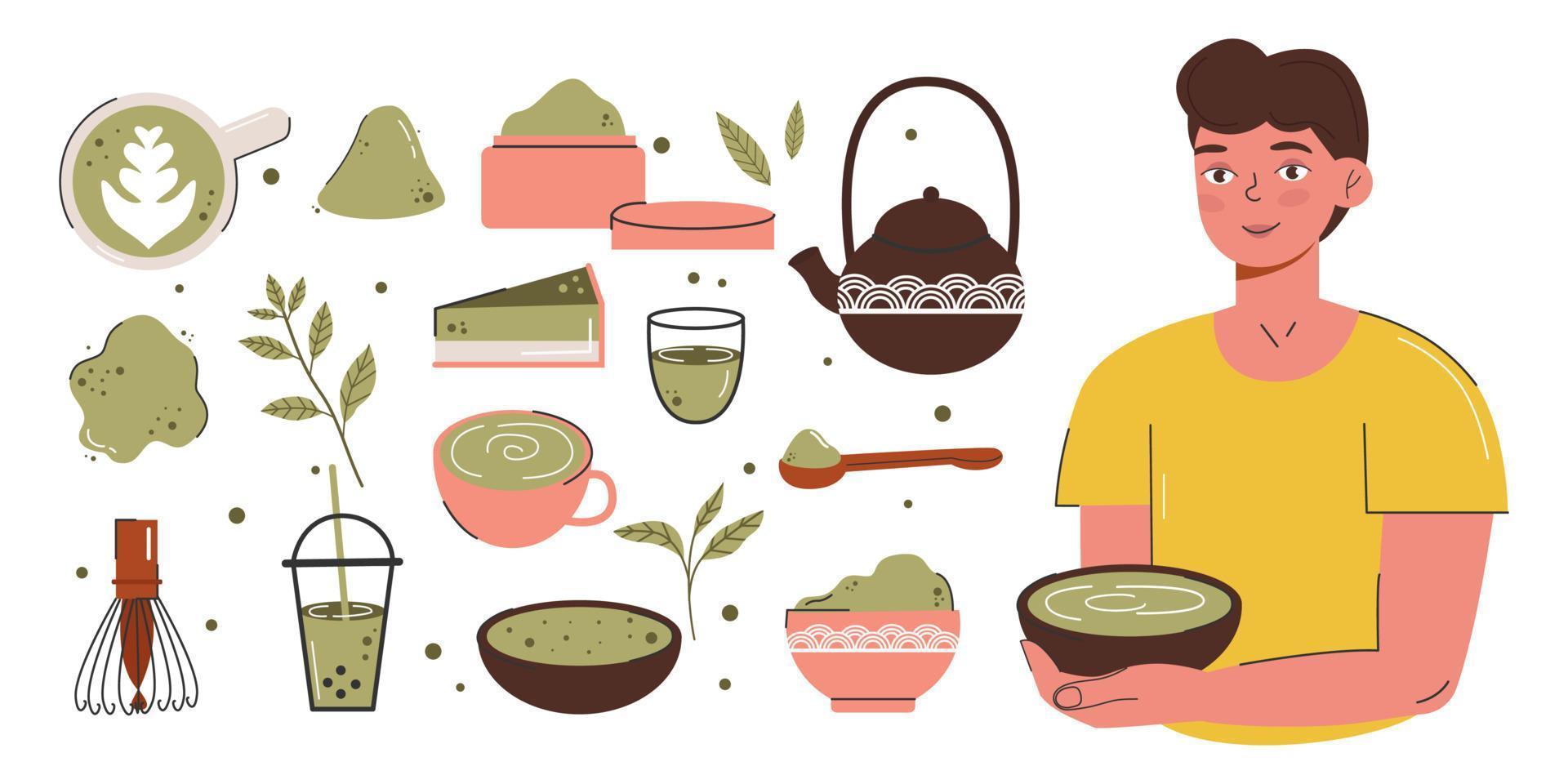 Matcha green tea is served and drunk by a young man. Japanese tea culture. Matcha latte is a healthy drink. Big set of various matcha tea products.  Hand-drawn vector color fashion illustration.