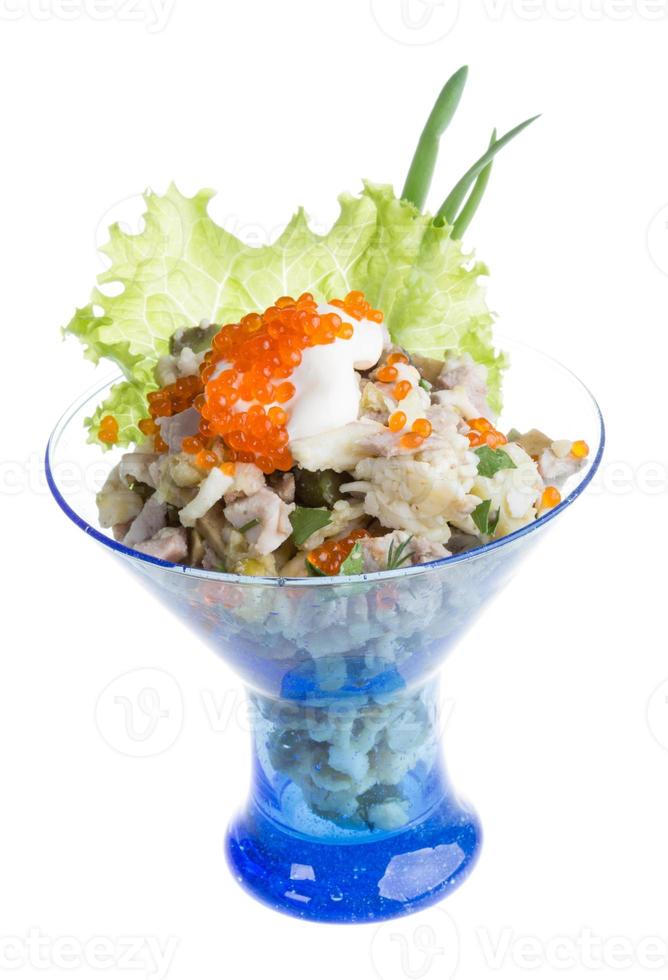 Salad with shrimp, avocado, tomatoes, red caviar photo