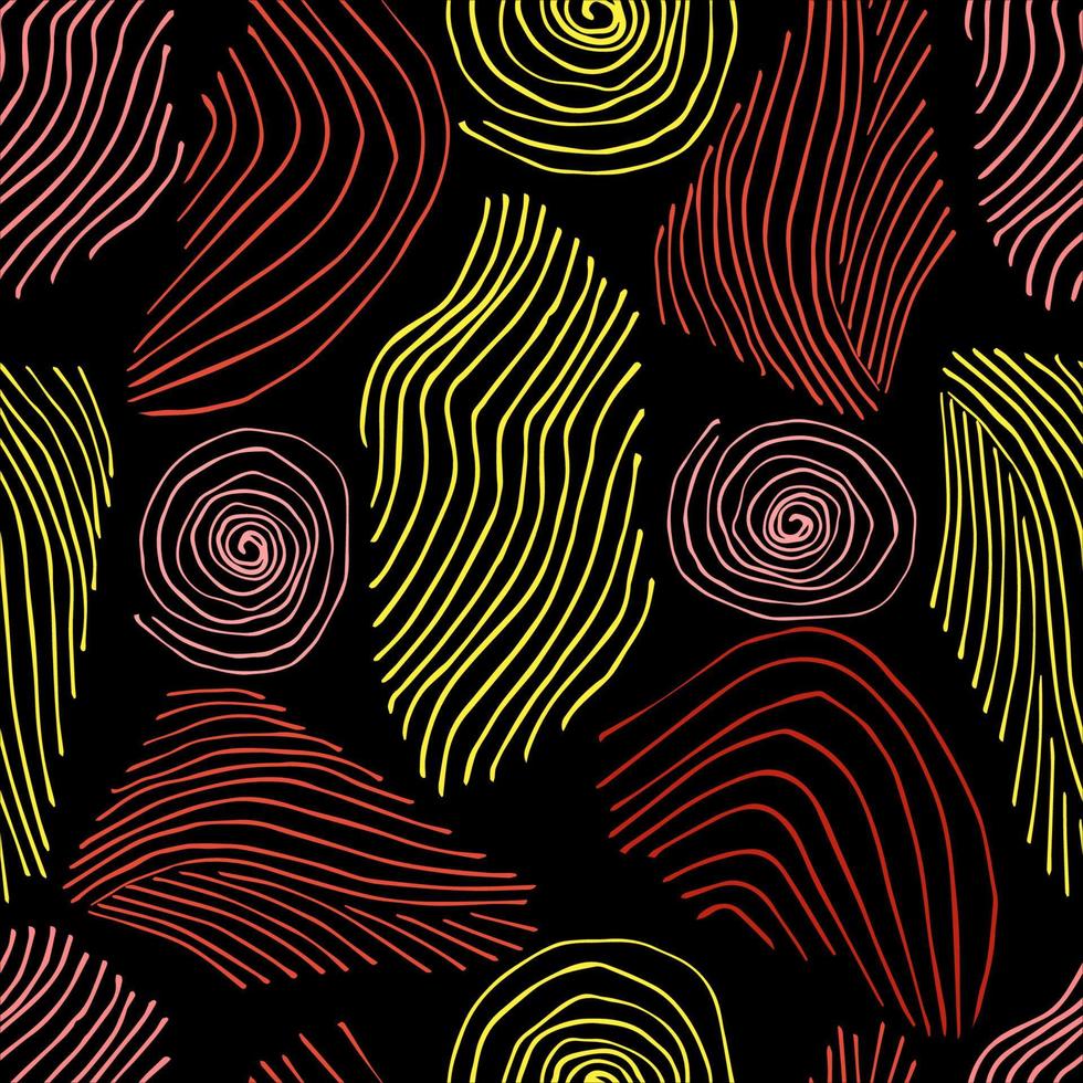 Hand-drawn abstract vector seamless pattern. Thin colored stripes, circles, lines on a black background. For prints of fabric, textile, paper.
