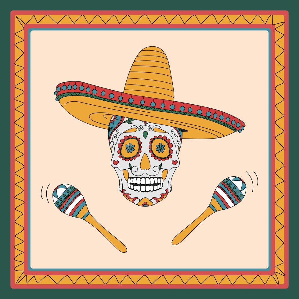 Mexican Skull With Maracas. Poster For Clothes, Covers And More. vector