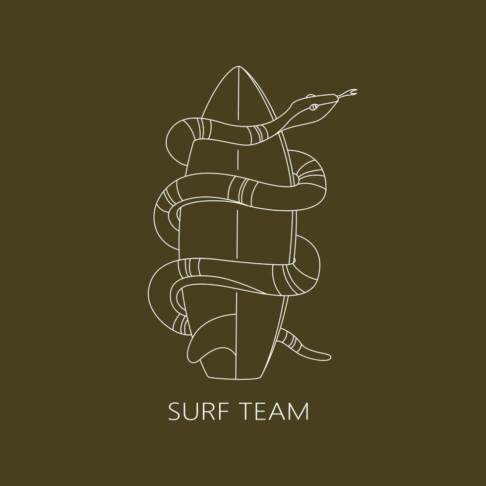 equipo de surf una serpiente alrededor de una tabla de surf. vector dibujado a mano.