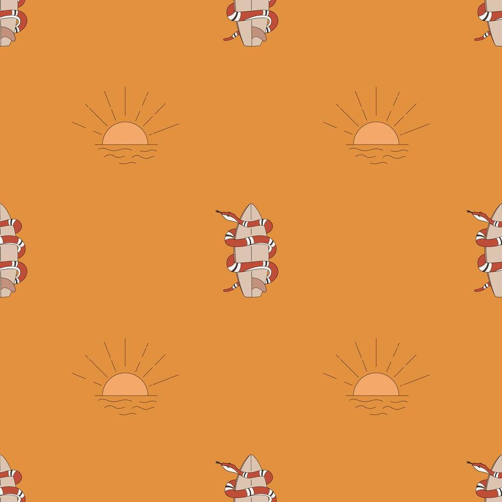 Seamless Pattern In Doodle Style. A Snake Around a Surfboard. Hand Drawn Vector. vector