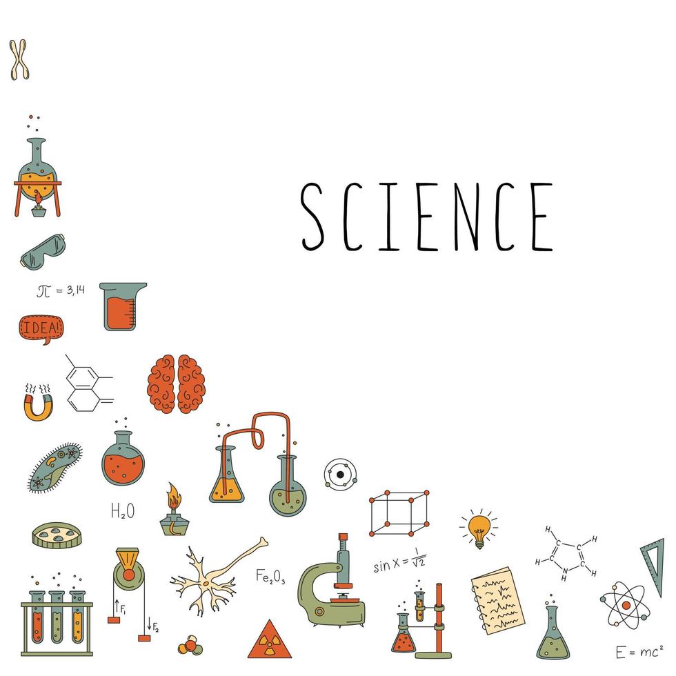 Science Set With Elements Of Science. Flasks, Mikrokop, Formulas And More. The Concept Of Physics, Chemistry, Biology. vector