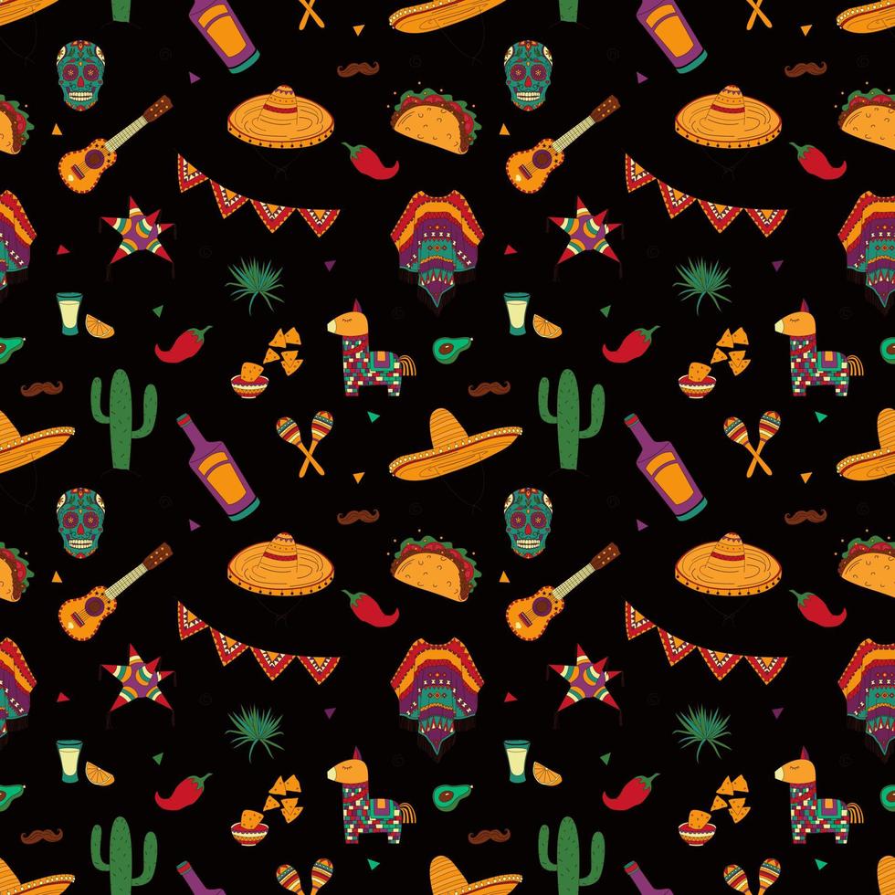 Seamless Pattern With Mexican Elements. Cactus, Skull, Hat And More. Hand Drawn Flat Vector Illustration.