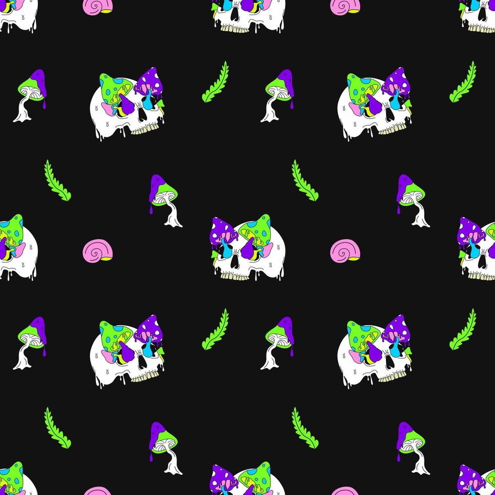 Seamless Pattern With Skull And Mushrooms. Bright Neon Colors On A Dark Background. The Hippie Concept. vector