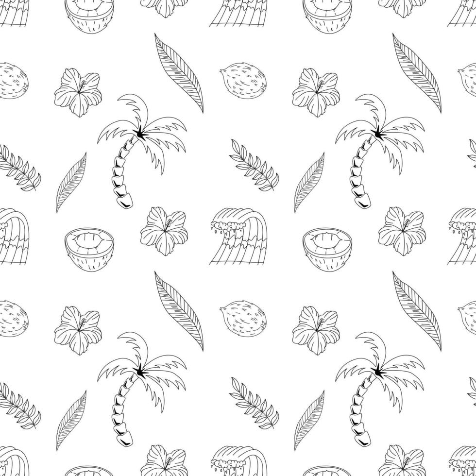 Seamless Pattern With Elements For Surfing. Palm Trees, Waves And Surf Boards In the Doodle Style. vector