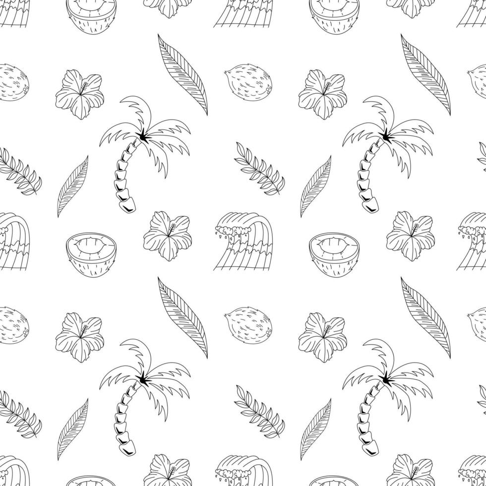 Seamless Pattern With Elements For Surfing. Palm Trees, Waves And Surf Boards In the Doodle Style. vector