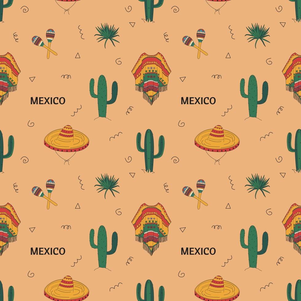 Seamless Pattern With Mexican Elements. Cactus, Skull, Hat And More. Hand Drawn Flat Vector Illustration.