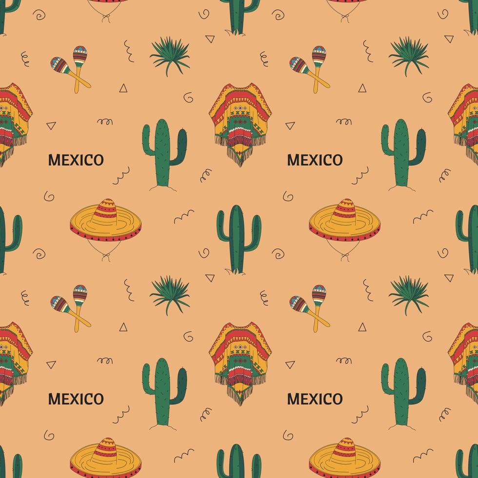 patrón sin costuras con elementos mexicanos. cactus, calavera, sombrero y más. ilustración vectorial plana dibujada a mano. vector