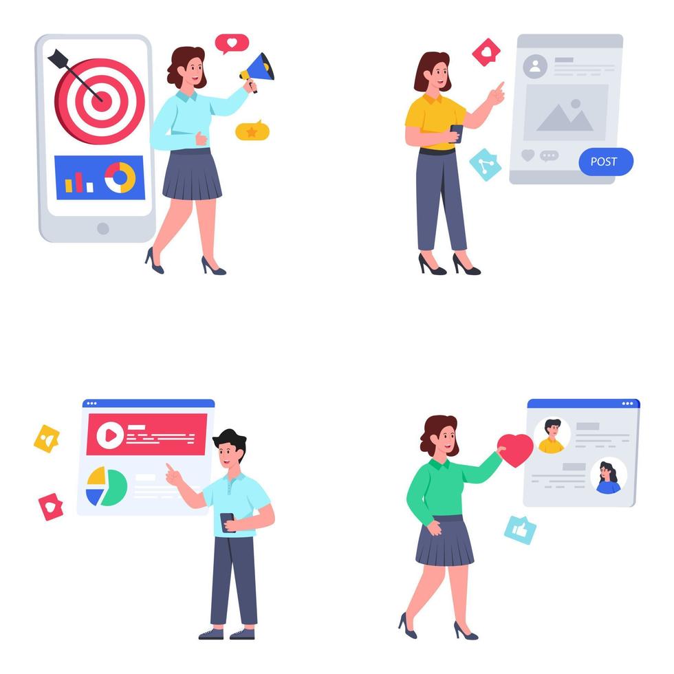 Pack of Media Marketing Flat Illustrations vector
