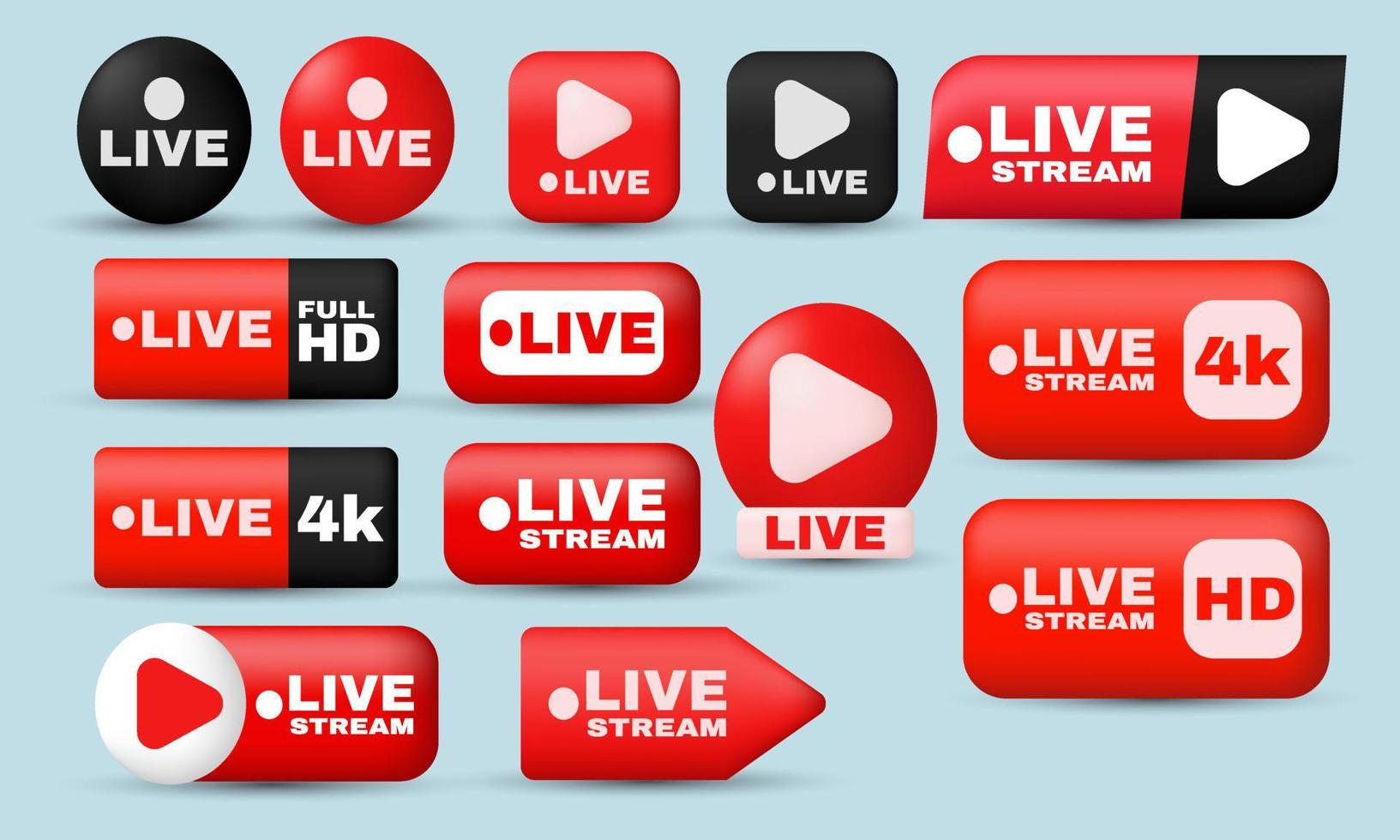unique realistic set red social media live streaming full hd 3d icon design isolated on vector