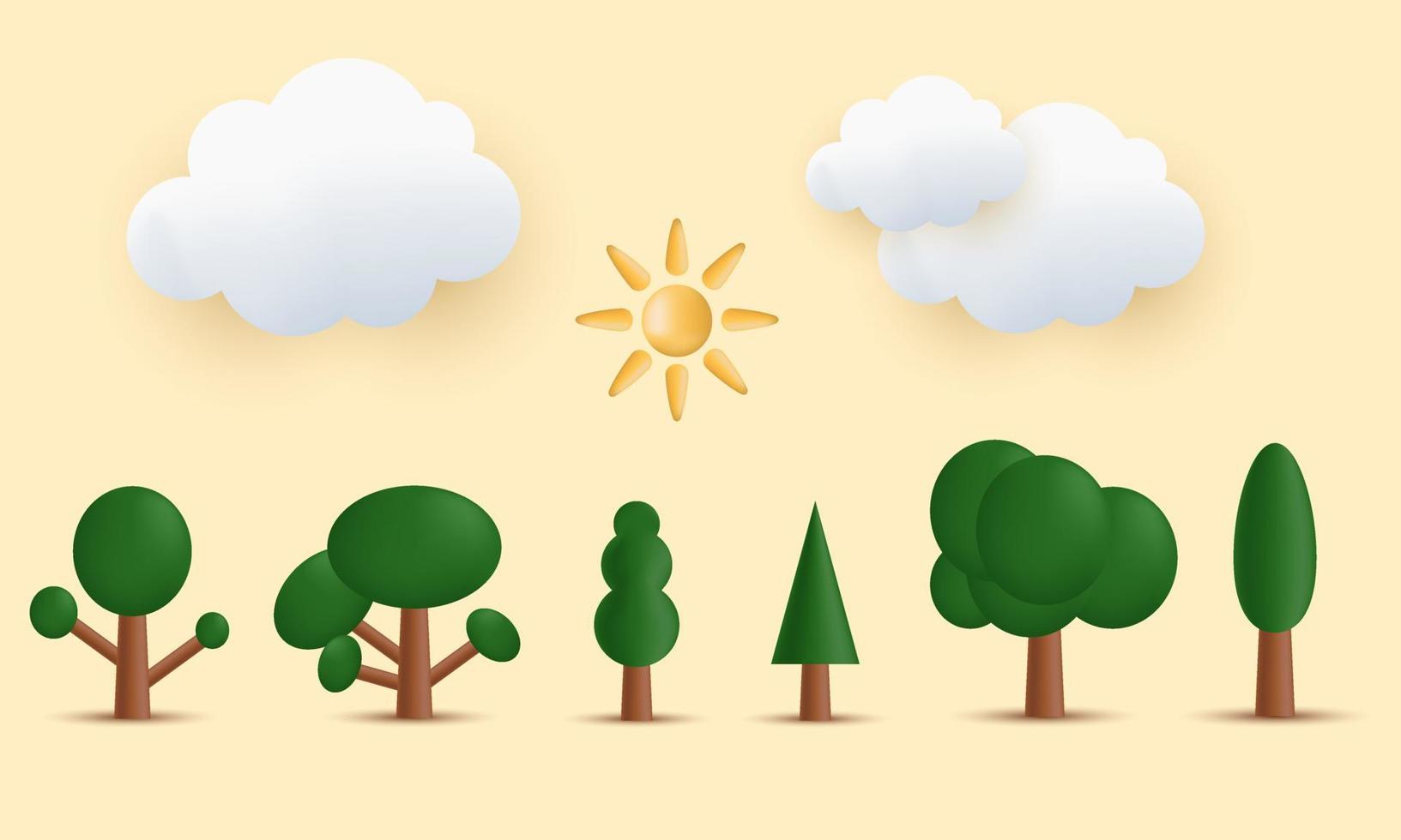 único 3d conjunto árbol nube y sol planta ecología bio diseño natural icono aislado en vector