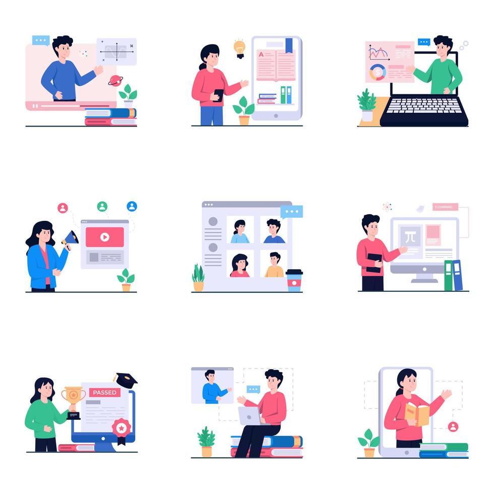 Pack of Learning Flat Illustrations vector