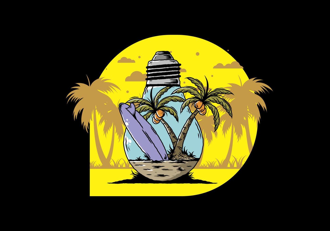 Coconut tree and surfing board in a bulb lamp illustration vector