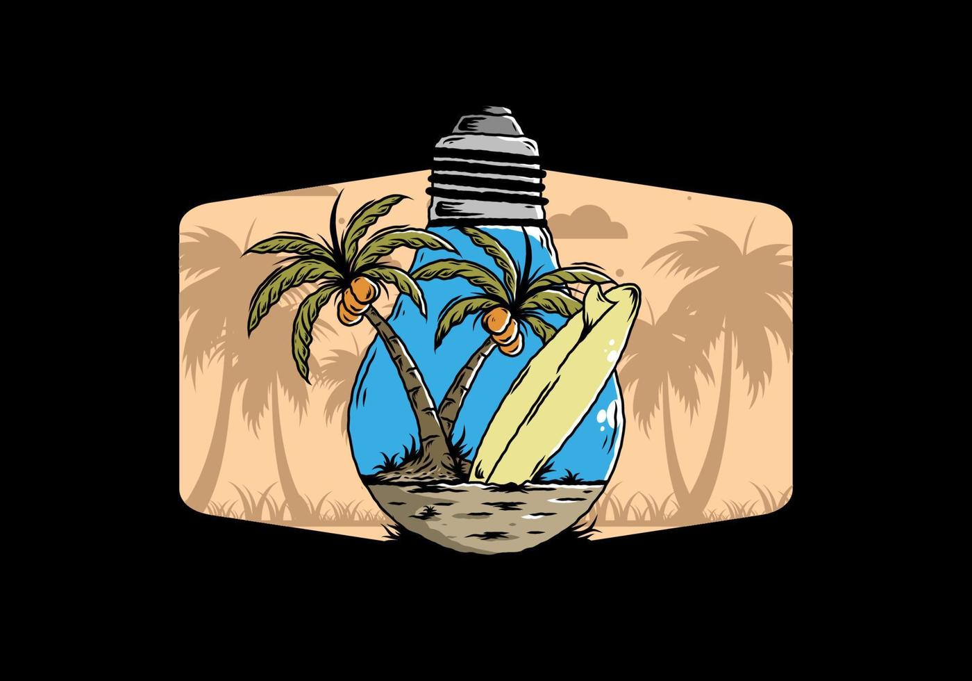 Coconut tree and surfing board in a bulb lamp illustration vector