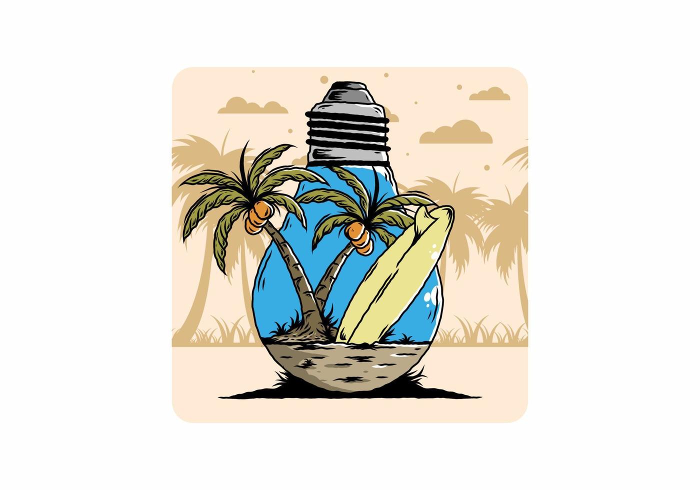 árbol de coco y tabla de surf en una ilustración de lámpara de bombilla vector