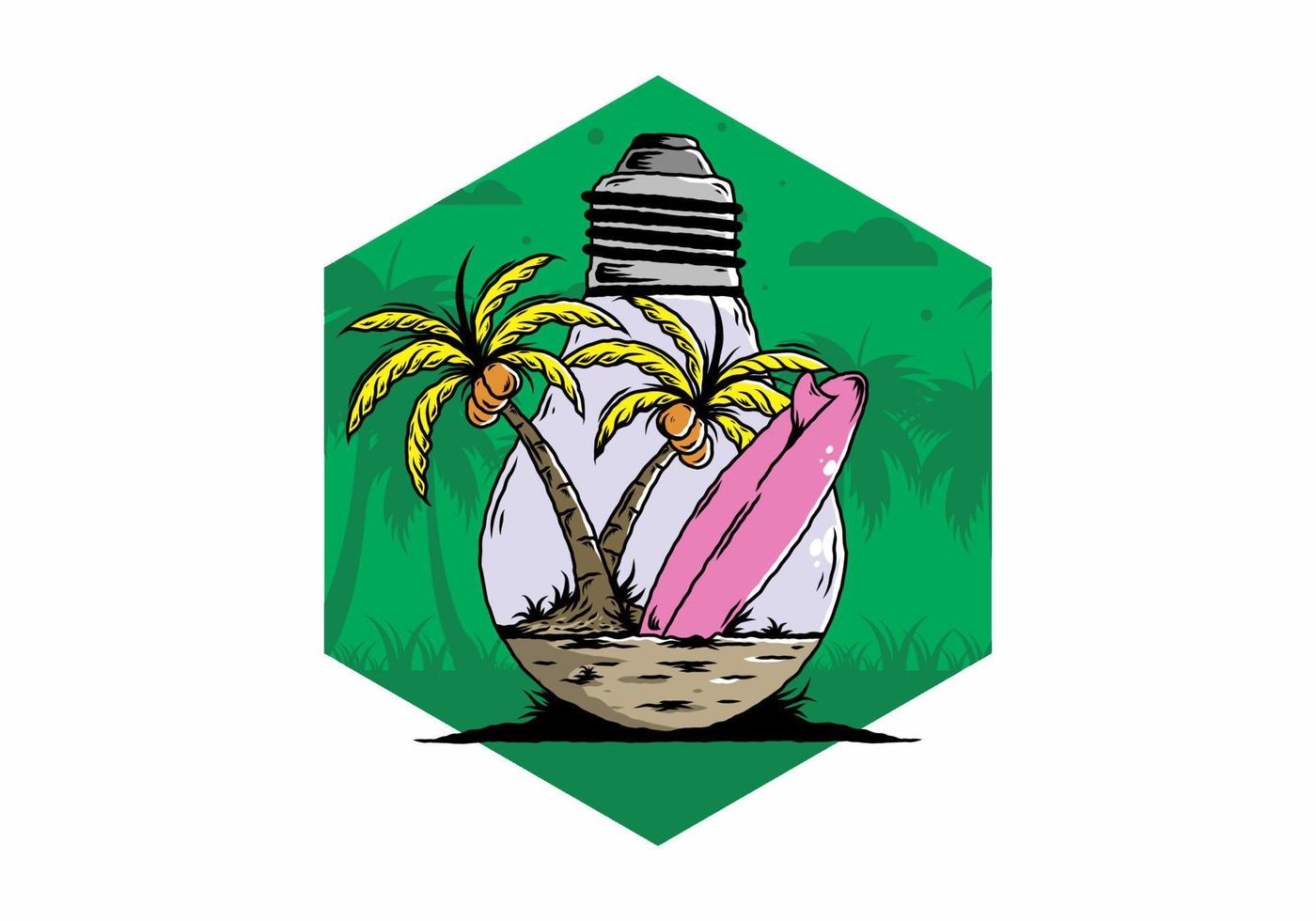 árbol de coco y tabla de surf en una ilustración de lámpara de bombilla vector