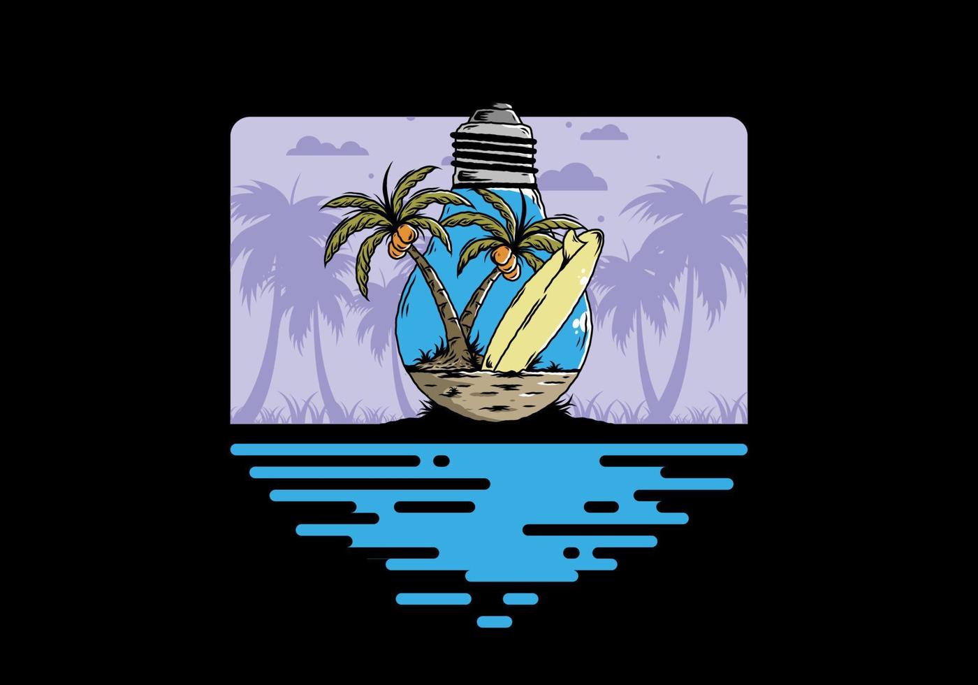 Coconut tree and surfing board in a bulb lamp illustration vector