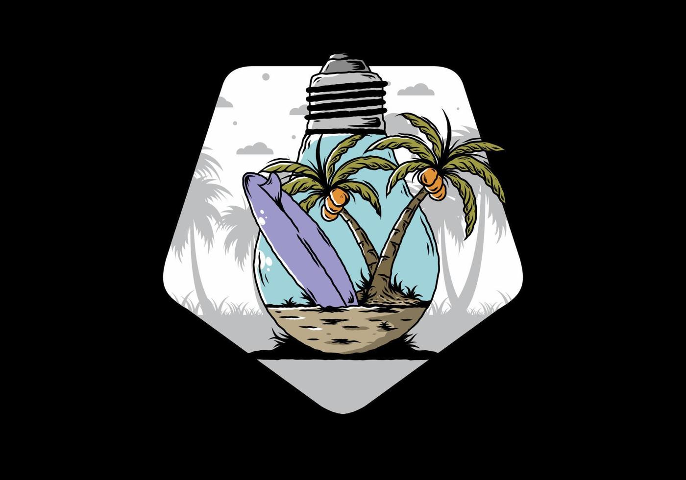 Coconut tree and surfing board in a bulb lamp illustration vector