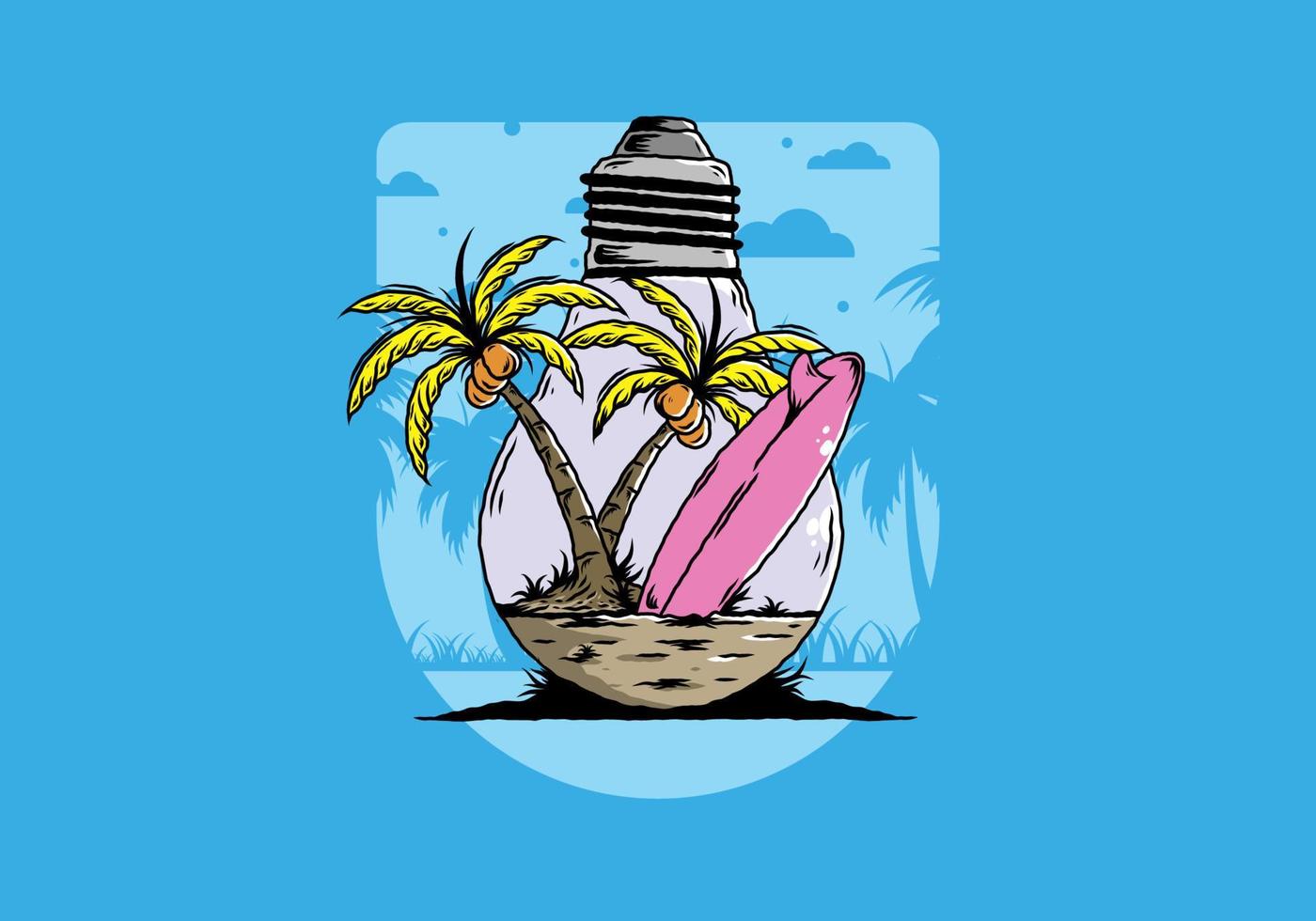 Coconut tree and surfing board in a bulb lamp illustration vector