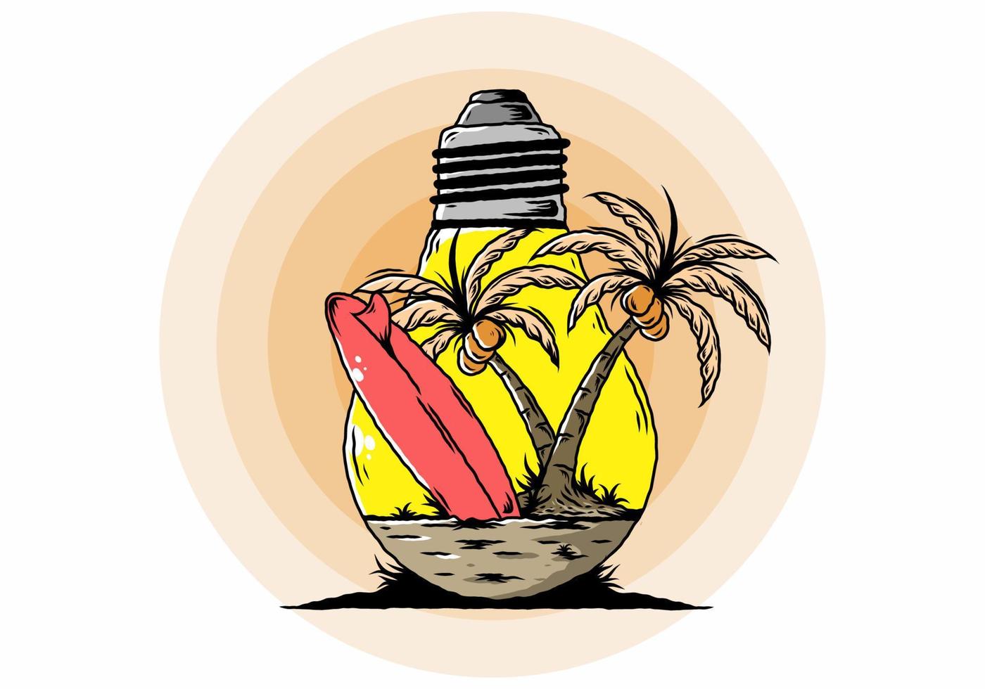 árbol de coco y tabla de surf en una ilustración de lámpara de bombilla vector