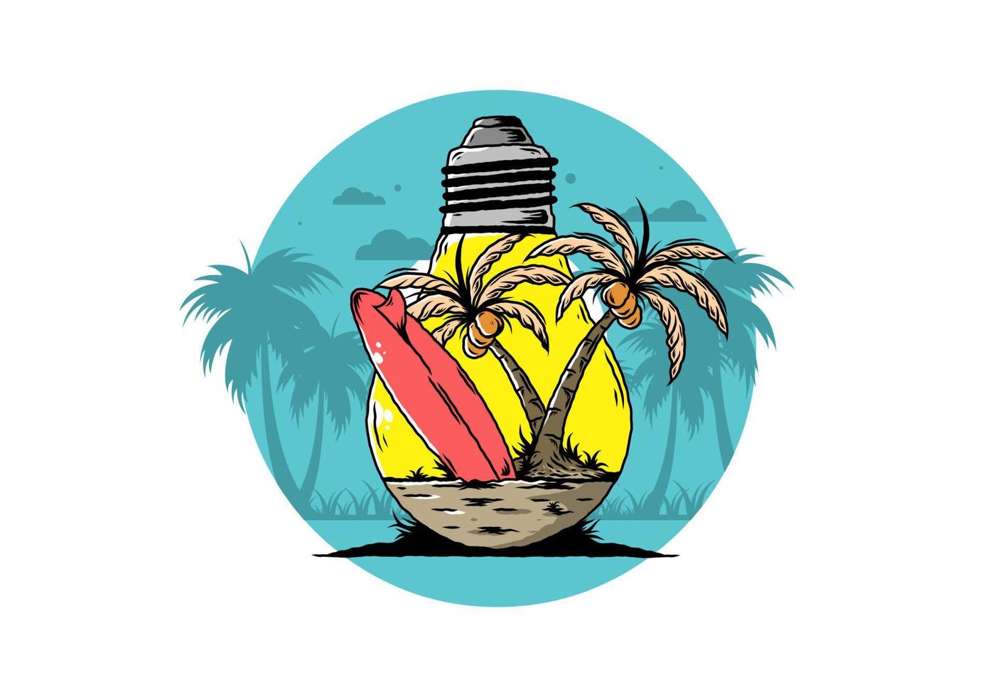 árbol de coco y tabla de surf en una ilustración de lámpara de bombilla vector