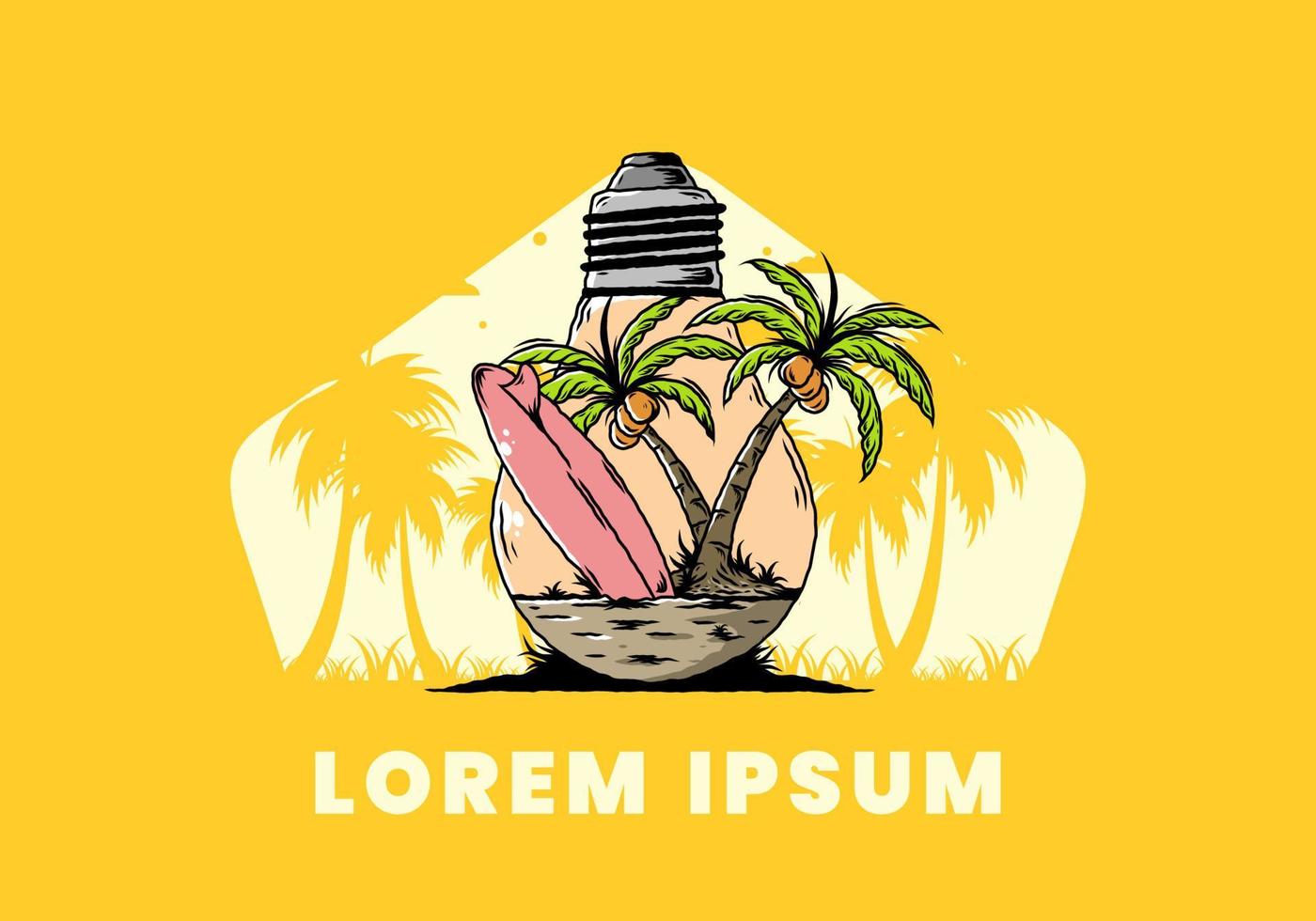 Coconut tree and surfing board in a bulb lamp illustration vector