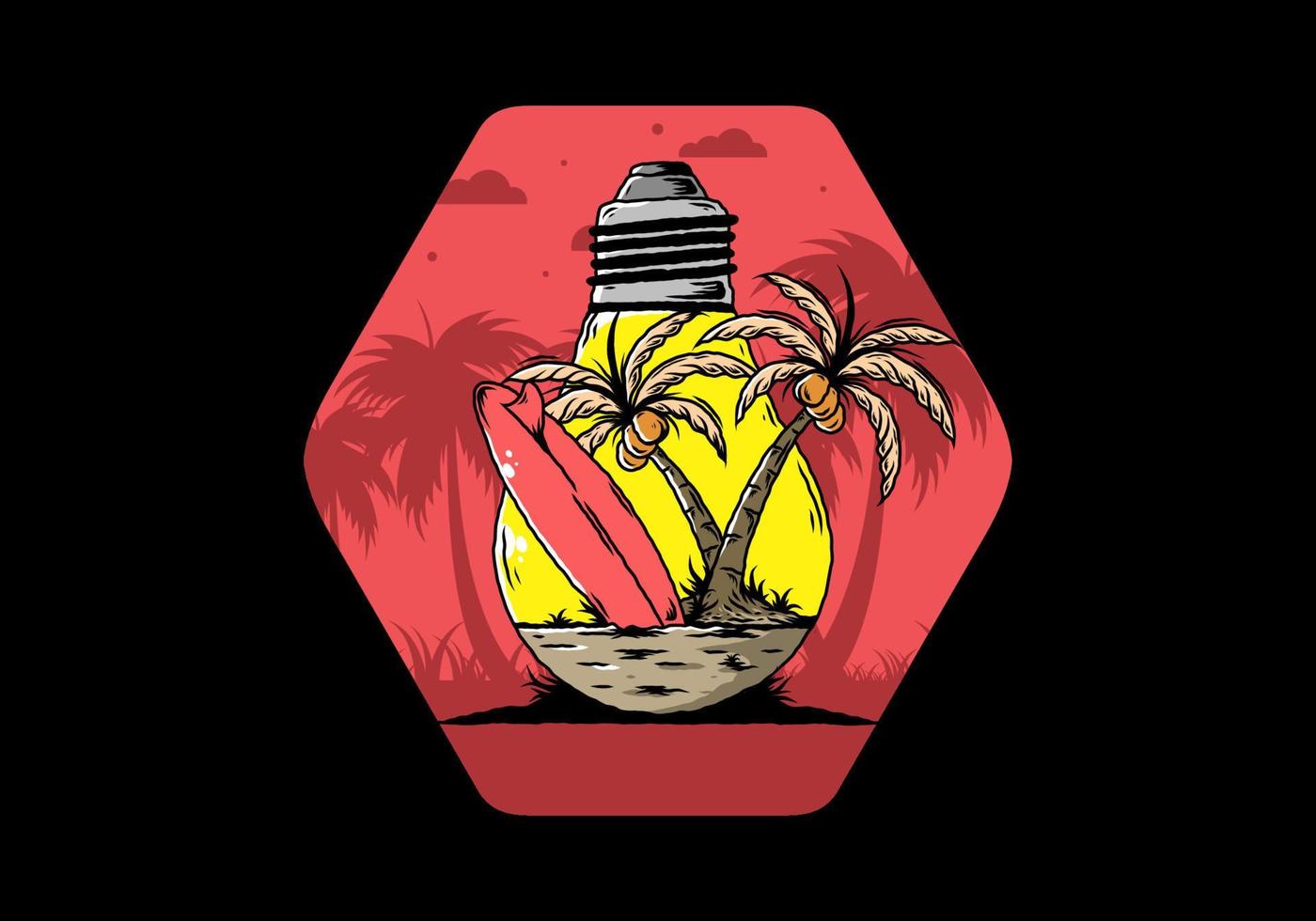 Coconut tree and surfing board in a bulb lamp illustration vector
