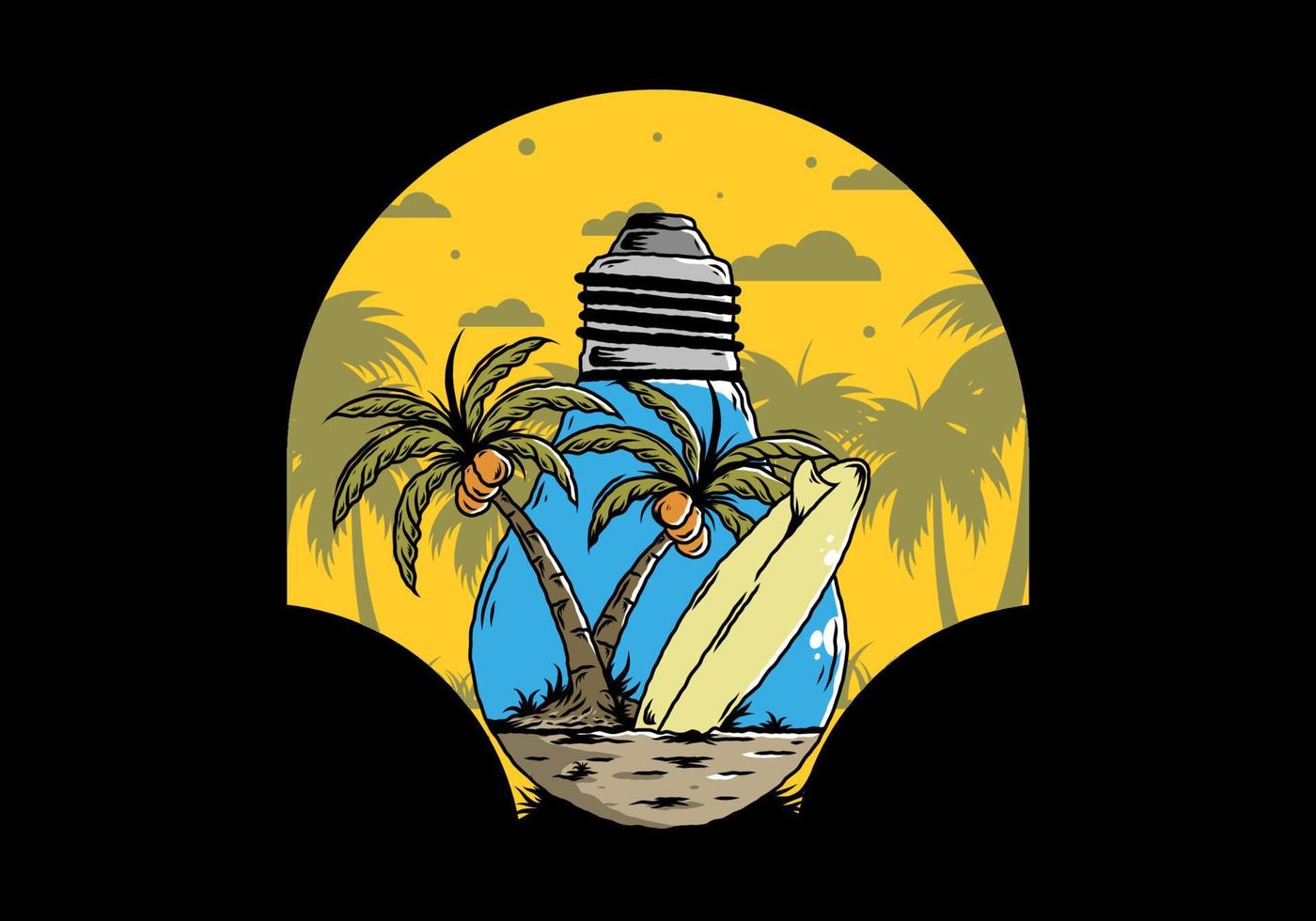 Coconut tree and surfing board in a bulb lamp illustration vector