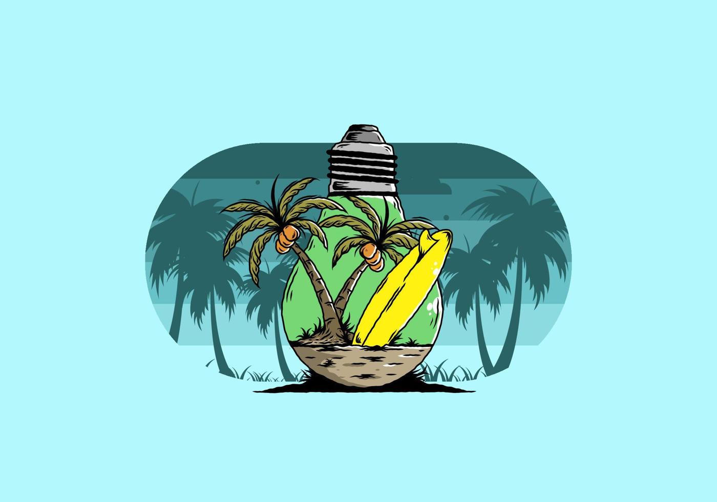 árbol de coco y tabla de surf en una ilustración de lámpara de bombilla vector