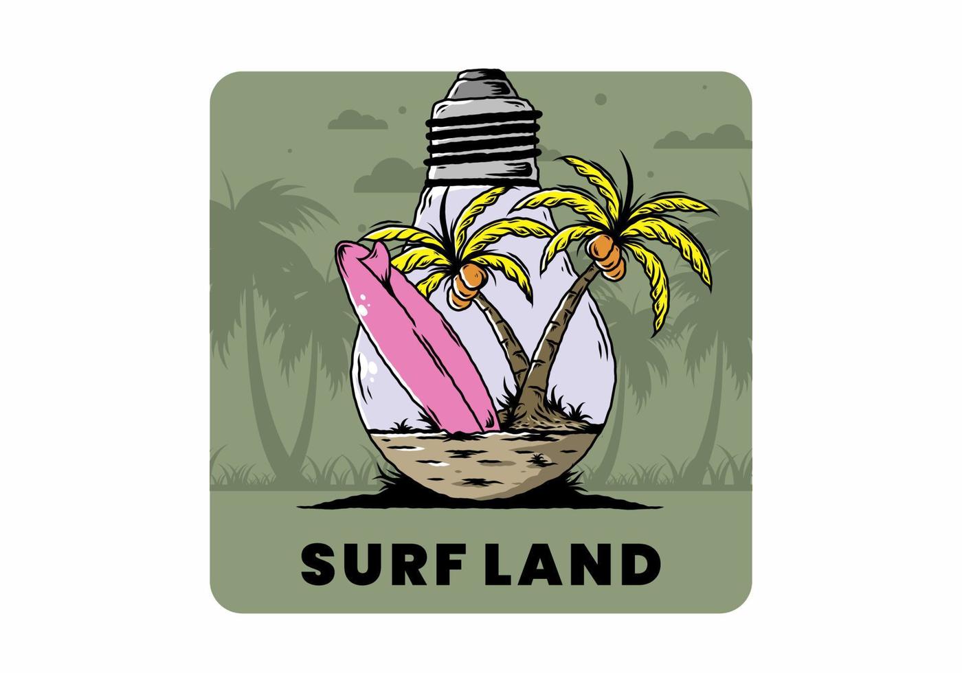 Coconut tree and surfing board in a bulb lamp illustration vector