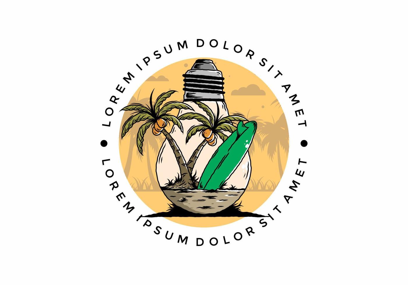 Coconut tree and surfing board in a bulb lamp illustration vector