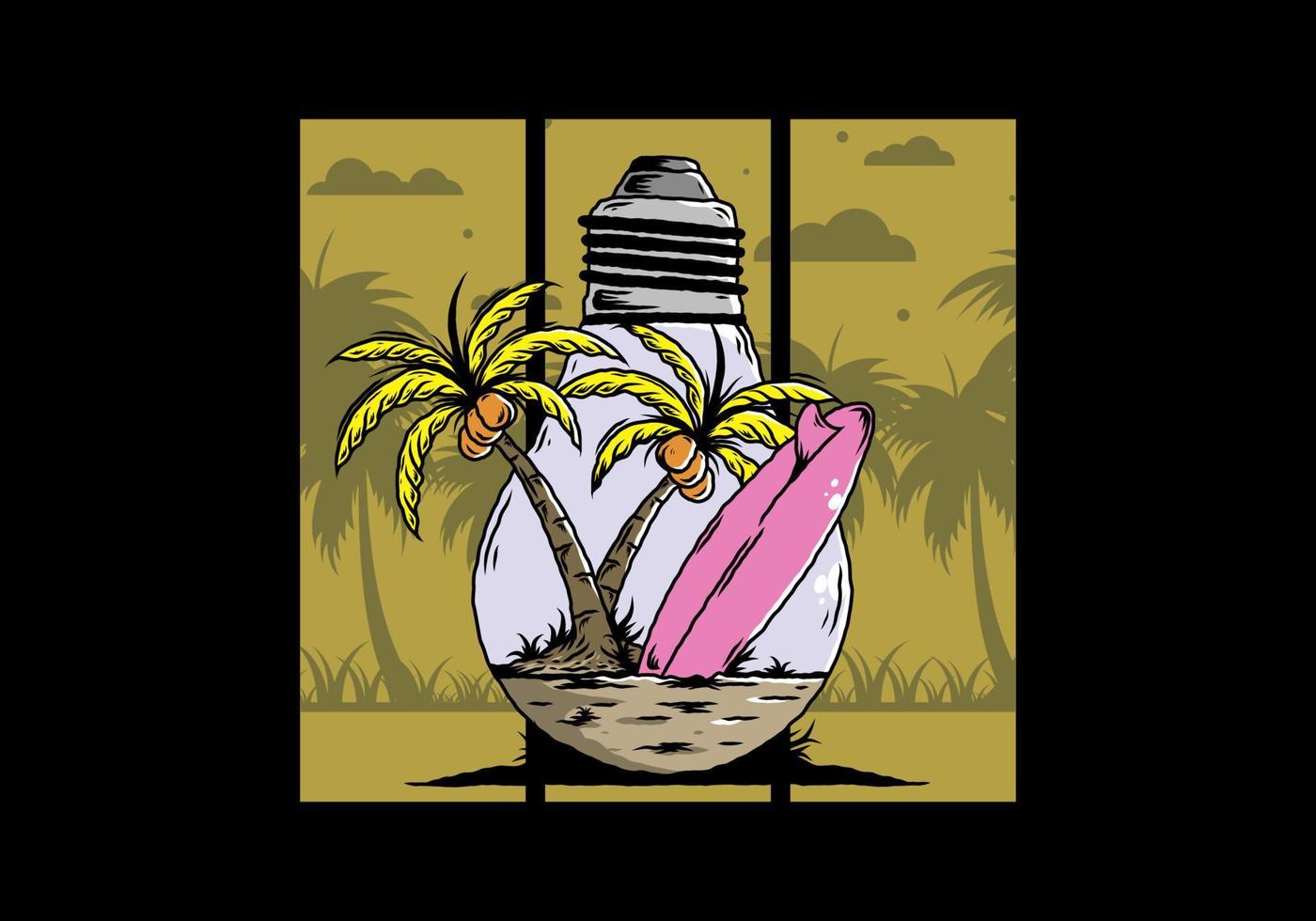 Coconut tree and surfing board in a bulb lamp illustration vector