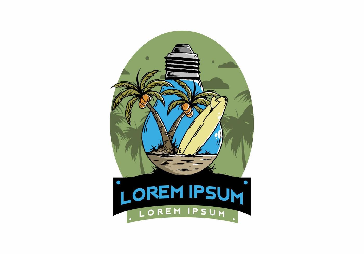 Coconut tree and surfing board in a bulb lamp illustration vector
