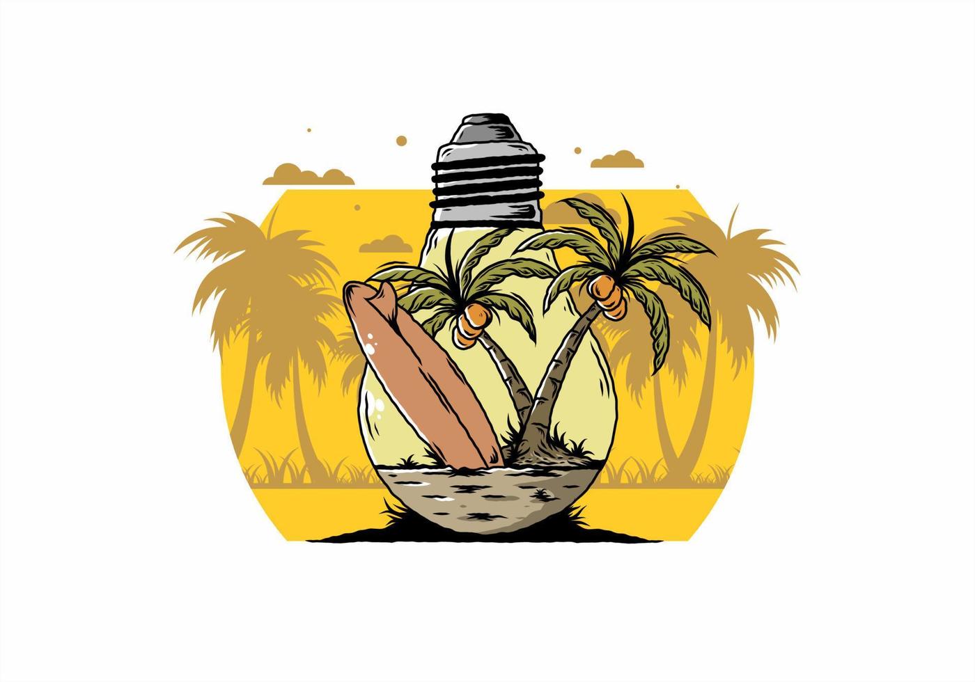 Coconut tree and surfing board in a bulb lamp illustration vector