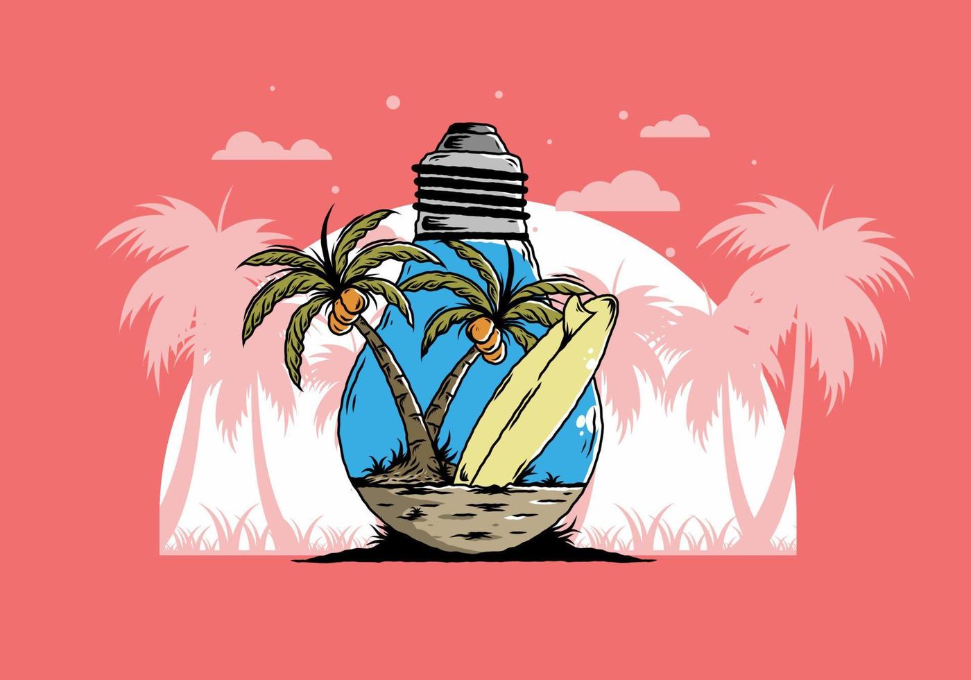 árbol de coco y tabla de surf en una ilustración de lámpara de bombilla vector