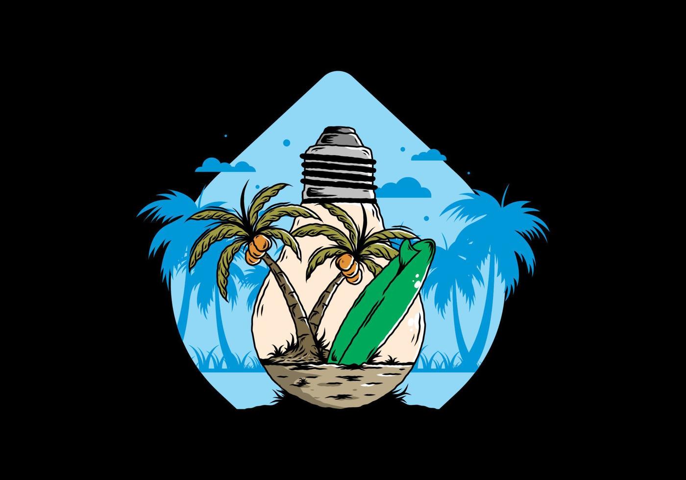 árbol de coco y tabla de surf en una ilustración de lámpara de bombilla vector