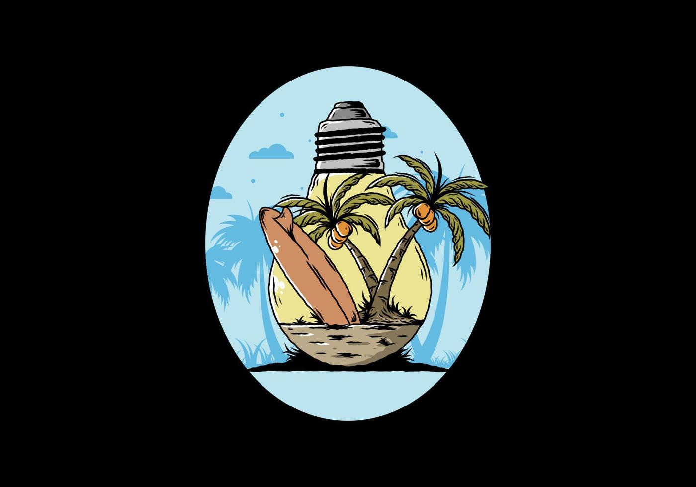 árbol de coco y tabla de surf en una ilustración de lámpara de bombilla vector